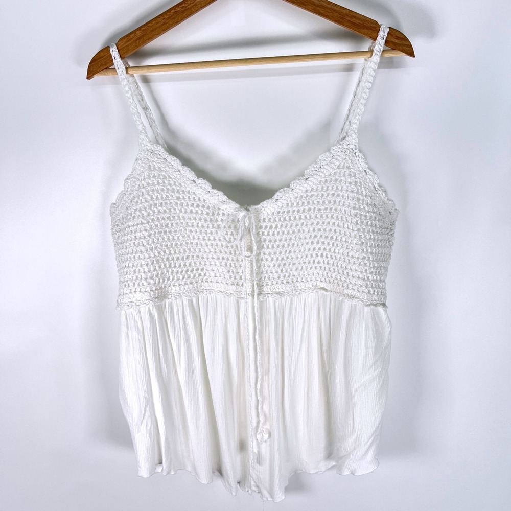 White Crochet Lace Empire Waist Babydoll Cami Tank Top Boho Gauze Blouse Y2K‎